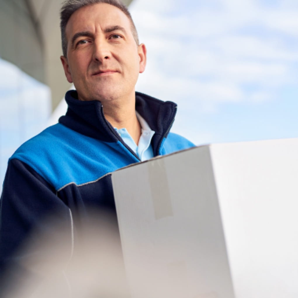 A light-skinned person in a blue jacket holds a large white box outside beneath a cloudy blue sky.